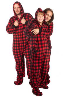 Hoodie Footed Onesie Buffalo Plaid Fleece Pajamas for Men & Women